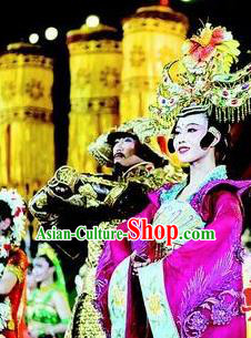 Chinese Chang An Impression Ancient Court Empress Dance Rosy Dress Stage Performance Costume and Headpiece for Women