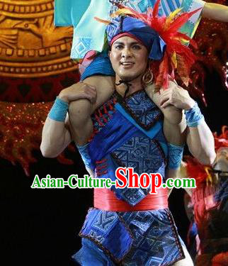 Chinese The Ship Legend of Huashan Zhuang Nationality Blue Clothing Stage Performance Dance Costume for Men