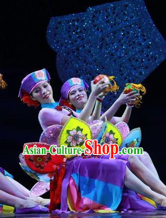 Chinese The Ship Legend of Huashan Zhuang Nationality Dance Purple Dress Stage Performance Costume and Headpiece for Women