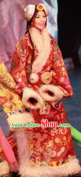 Chinese Impression Tibetan Zang Nationality Dance Red Dress Stage Performance Costume and Headpiece for Women