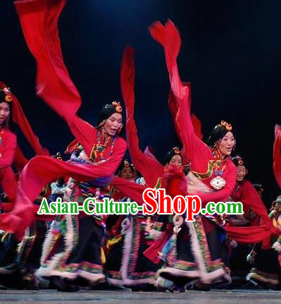 Chinese Impression Tibetan Zang Nationality Red Water Sleeve Dance Dress Stage Performance Costume and Headpiece for Women