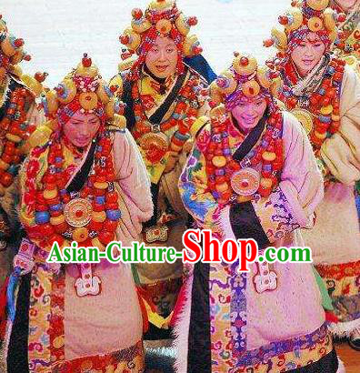 Chinese Impression Tibetan Zang Nationality Dance Dress Stage Performance Costume and Headpiece for Women