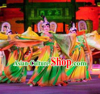 Chinese Chang An Impression Ancient Tang Dynasty Classical Dance Green Dress Stage Performance Costume and Headpiece for Women