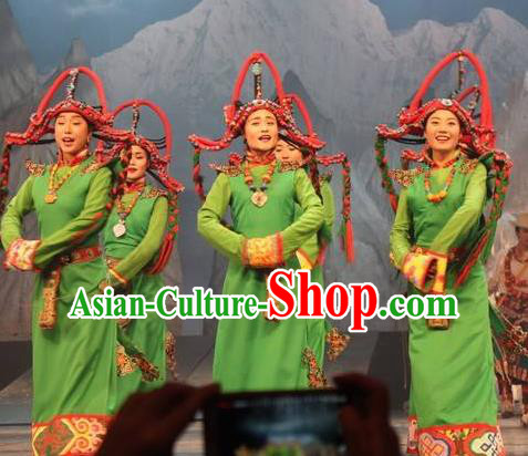 Chinese Impression Tibetan Zang Nationality Dance Green Robe Stage Performance Costume and Headpiece for Women