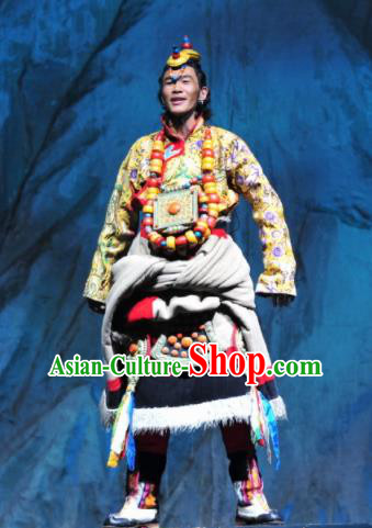 Chinese Impression Tibetan Zang Nationality Golden Robe Stage Performance Folk Dance Costume for Men