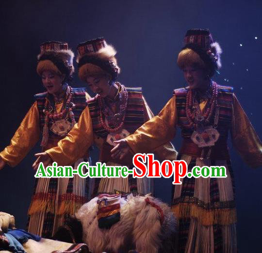 Chinese Impression Tibetan Zang Nationality Herdsman Dance Robe Stage Performance Costume and Headpiece for Women