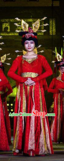 Chinese Chang An Impression Ancient Tang Dynasty Classical Dance Red Dress Stage Performance Costume and Headpiece for Women