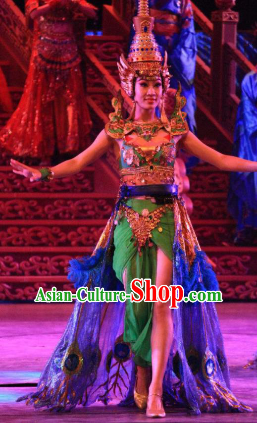 Chinese Back to Song Dynasty Ethnic Dance Green Dress Stage Performance Costume and Headpiece for Women