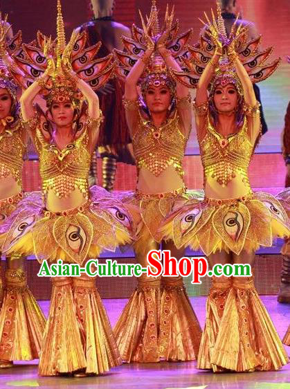 Chinese Back to Song Dynasty Ethnic Dance Yellow Dress Stage Performance Costume and Headpiece for Women