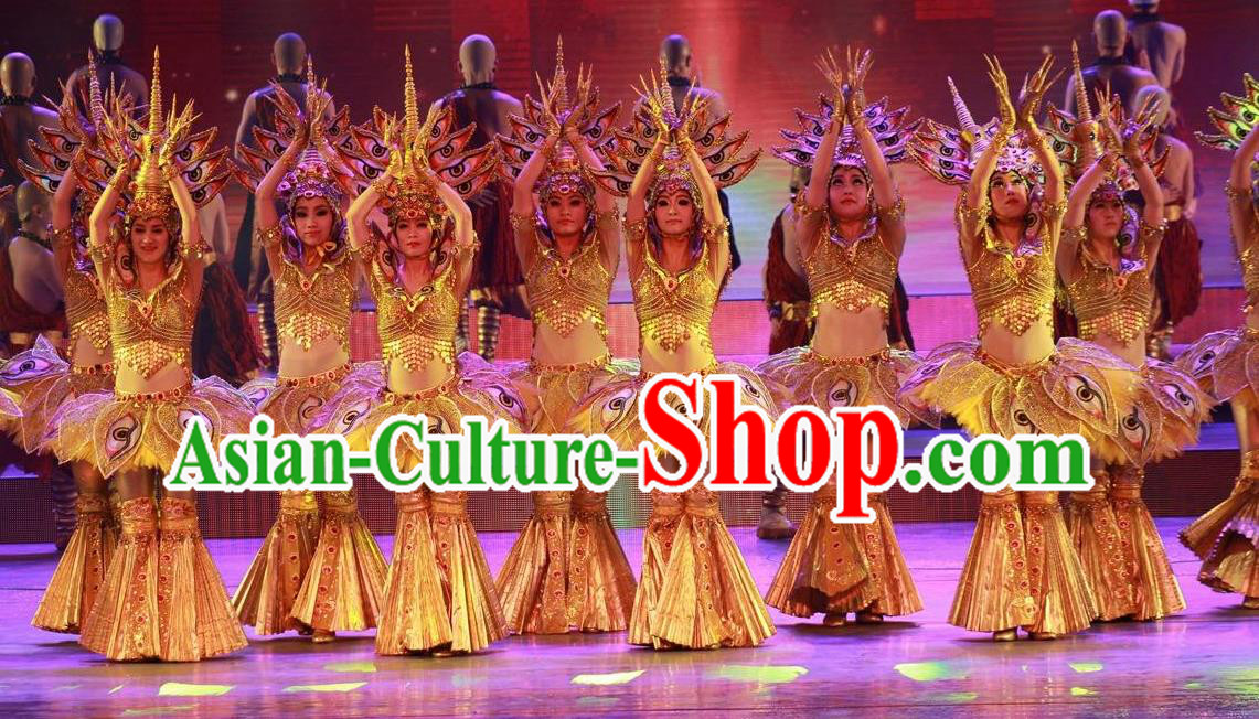 Chinese Back to Song Dynasty Ethnic Dance Yellow Dress Stage Performance Costume and Headpiece for Women