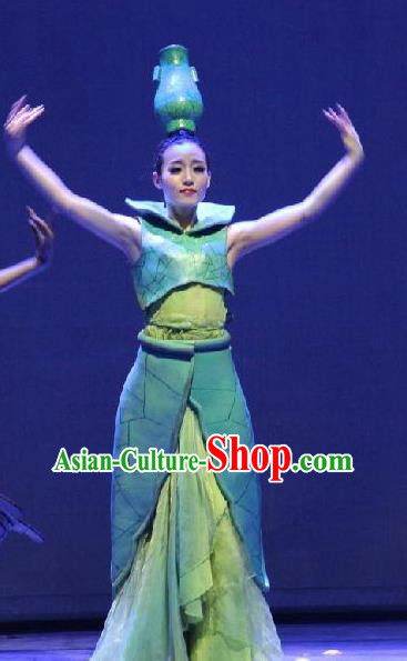 Chinese Back to Song Dynasty Classical Vase Dance Green Dress Stage Performance Costume for Women