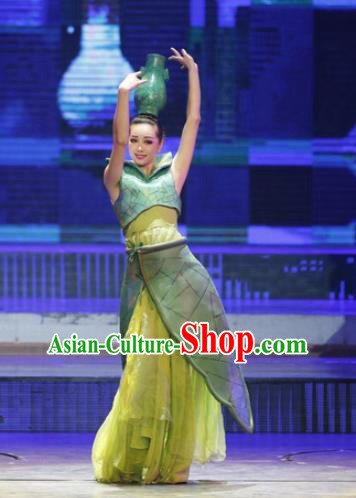 Chinese Back to Song Dynasty Classical Vase Dance Green Dress Stage Performance Costume for Women