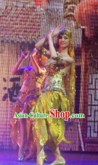 Chinese Back to Song Dynasty Indian Dance Yellow Dress Stage Performance Costume for Women