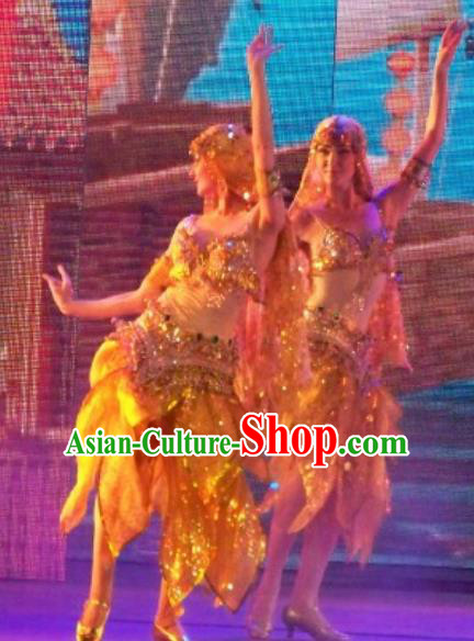 Chinese Back to Song Dynasty Indian Dance Yellow Dress Stage Performance Costume for Women