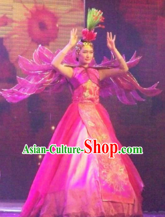 Chinese Back to Song Dynasty Classical Chrysanthemum Dance Rosy Dress Stage Performance Costume for Women
