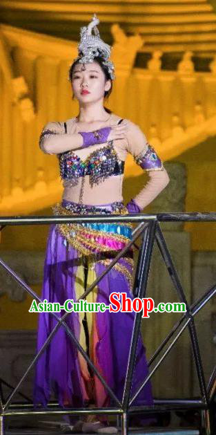 Chinese Peoformance In Panshan Mountain Classical Dance Purple Dress Stage Performance Costume and Headpiece for Women