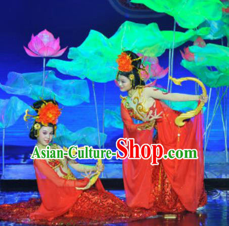 Chinese Magic Ganpo Impression Classical Dance Red Dress Stage Performance Costume and Headpiece for Women