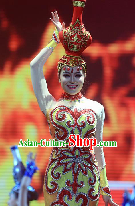 Chinese Magic Ganpo Impression Classical Dance Red Dress Stage Performance Costume and Headpiece for Women