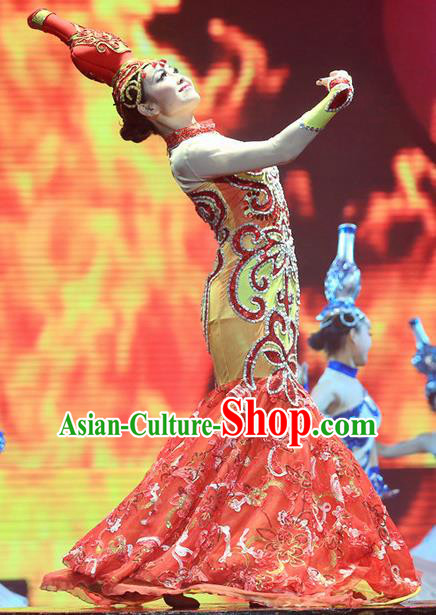 Chinese Magic Ganpo Impression Classical Dance Red Dress Stage Performance Costume and Headpiece for Women