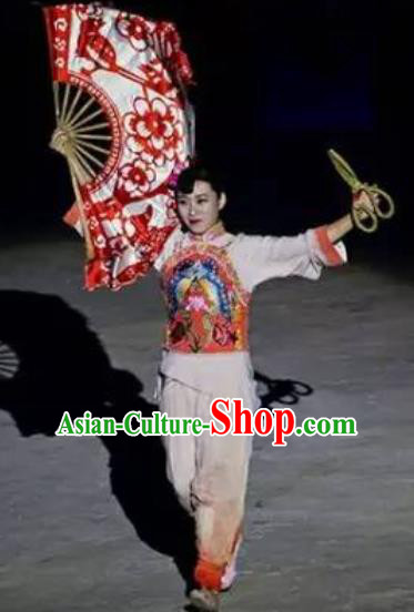 Chinese Sutras In The Golden Hill Folk Fan Dance Dress Stage Performance Costume and Headpiece for Women