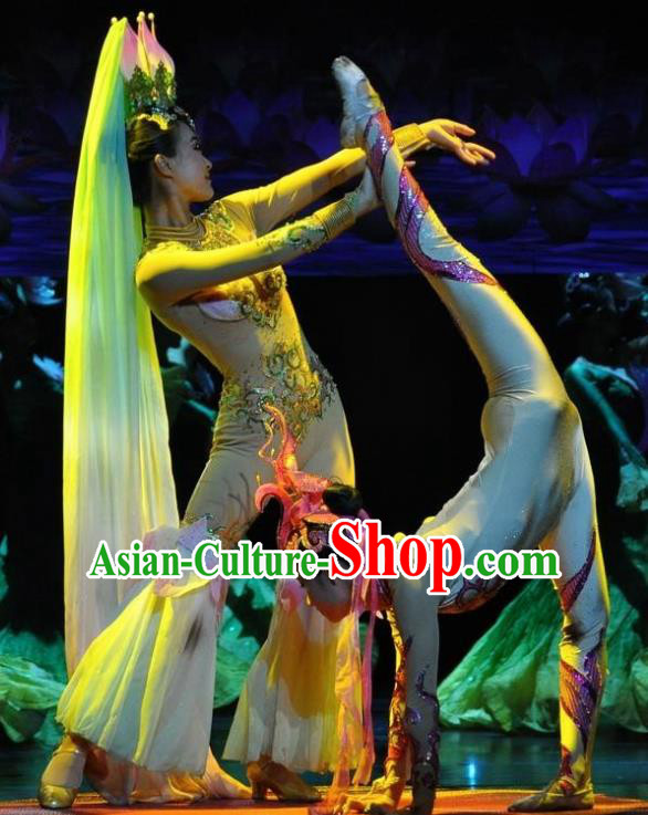 Chinese Jinxiu Shenzhou Classical Dance Lotus Dance Dress Stage Performance Costume and Headpiece for Women