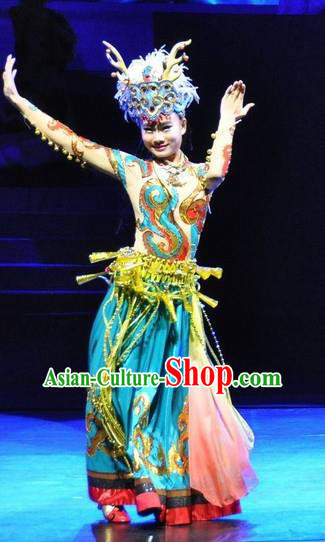 Chinese Jinxiu Shenzhou Classical Dance Ethnic Dance Green Dress Stage Performance Costume and Headpiece for Women