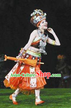 Chinese Dragon Boat Song Tujia Nationality Ethnic Dance Dress Stage Performance Costume and Headpiece for Women