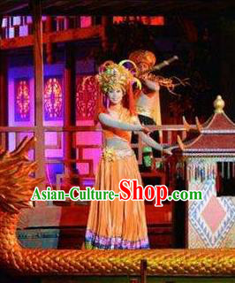 Chinese Dragon Boat Song Tujia Nationality Ethnic Dance Orange Dress Stage Performance Costume and Headpiece for Women