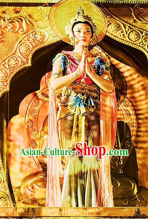 Chinese the Porcelain Tower Ceremony Flying Apsaras Classical Dance Dress Stage Performance Costume and Headpiece for Women