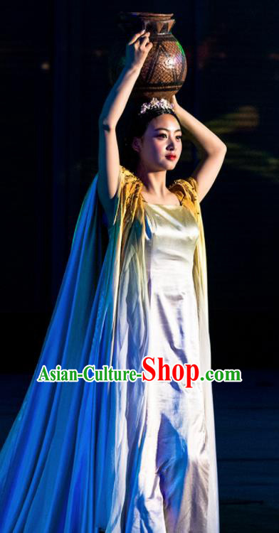 Chinese the Porcelain Tower Ceremony Classical Dance White Dress Stage Performance Costume and Headpiece for Women