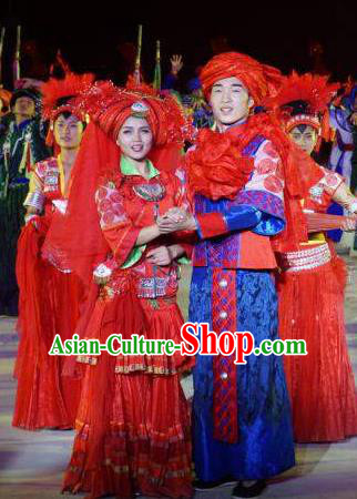 Chinese Dushan Ceremony Bouyei Nationality Wedding Bride and Bridegroom Stage Performance Dance Costumes for Women for Men