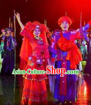 Chinese Dushan Ceremony Bouyei Nationality Wedding Bride and Bridegroom Stage Performance Dance Costumes for Women for Men