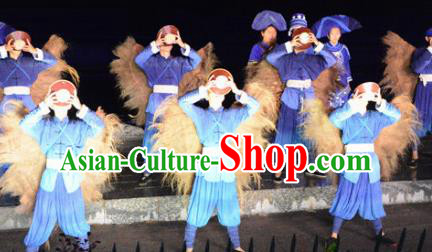 Chinese Dushan Ceremony Bouyei Nationality Dance Stage Performance Blue Costume for Men