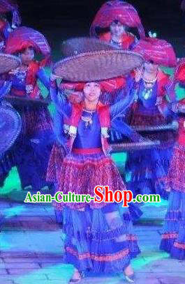 Chinese Dushan Ceremony Bouyei Nationality Dance Blue Dress Stage Performance Costume for Women