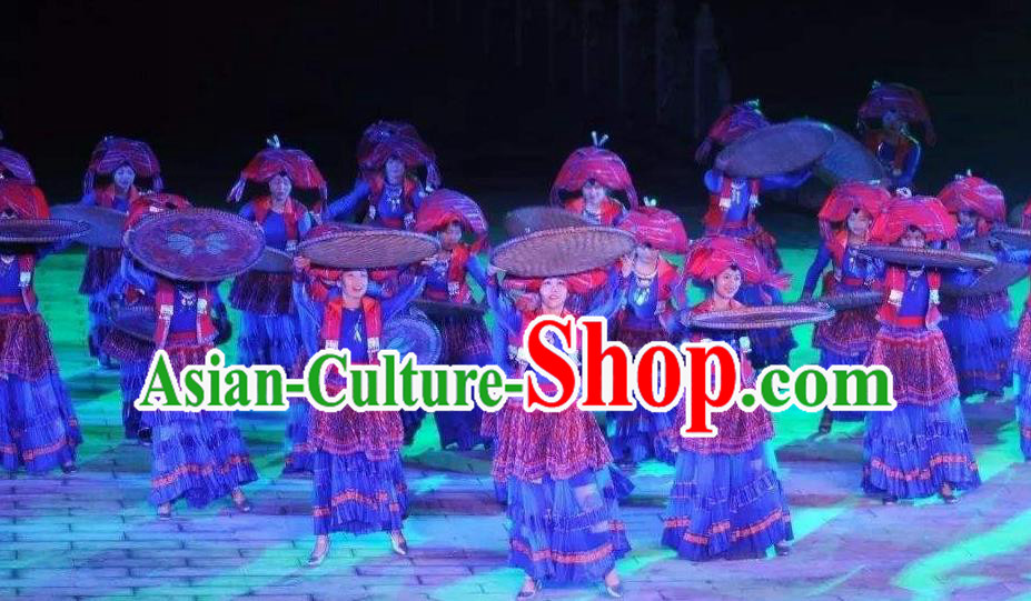 Chinese Dushan Ceremony Bouyei Nationality Dance Blue Dress Stage Performance Costume for Women