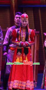 Chinese Impression of Going East To Native Land Mongol Nationality Torghut Bride Red Dress Stage Performance Costume for Women