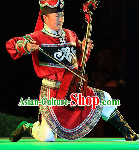 Chinese Impression of Going East To Native Land Mongol Nationality Stage Performance Folk Dance Red Costume for Men