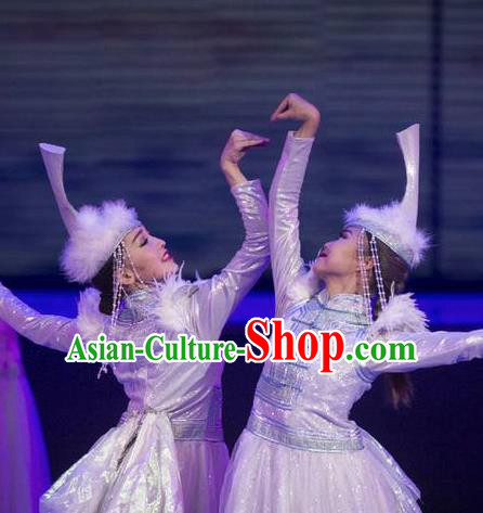 Chinese Impression of Going East To Native Land Mongol Nationality Dance White Dress Stage Performance Costume for Women