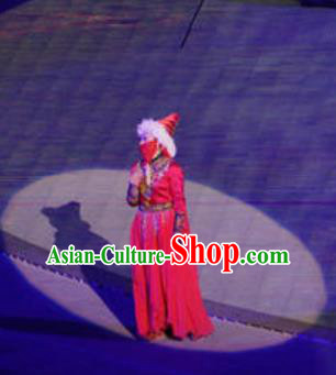 Chinese Buddha Pilgrimages Eastward Ethnic Dance Red Dress Stage Performance Costume for Women