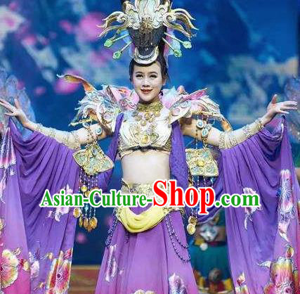 Chinese Impression of Lijiang Naxi Nationality Ethnic Dance Purple Dress Stage Performance Costume and Headpiece for Women