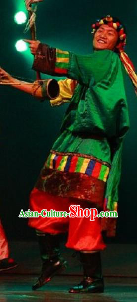 Chinese Impression of Lijiang Zang Nationality Ethnic Dance Green Robe Stage Performance Costume for Men