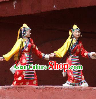 Chinese Impression of Lijiang Zang Nationality Ethnic Dance Red Dress Stage Performance Costume and Headpiece for Women