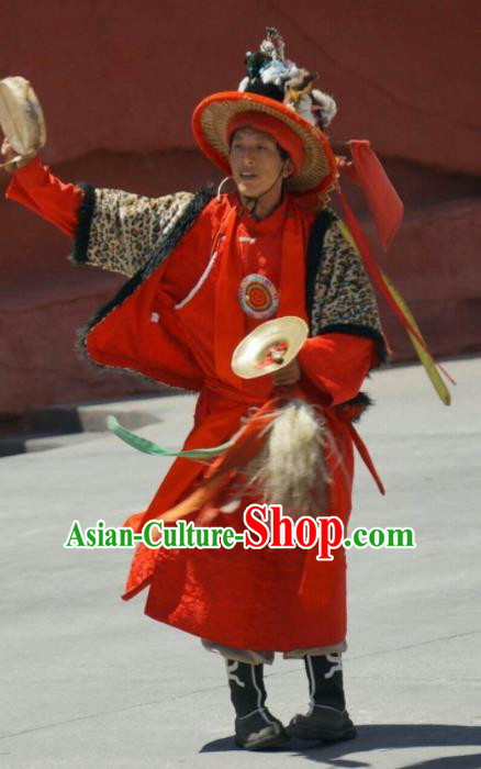 Chinese Impression of Lijiang Naxi Nationality Ethnic Dance Red Clothing Stage Performance Costume for Men