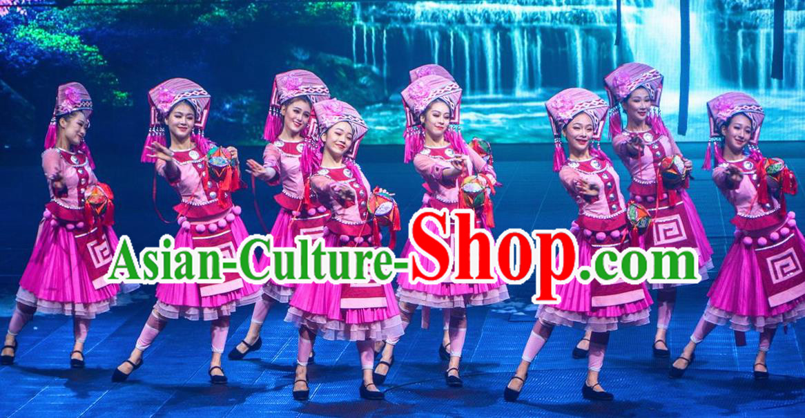 Chinese Impression of Lijiang Yi Nationality Ethnic Dance Rosy Dress Stage Performance Costume and Headpiece for Women