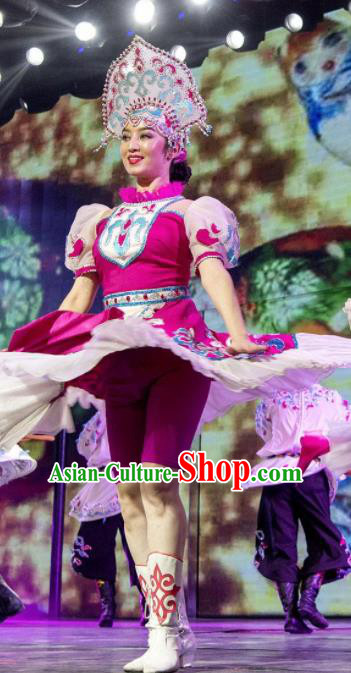 Chinese Silk Road Daur Nationality Dance Rosy Dress Ethnic Stage Performance Costume for Women