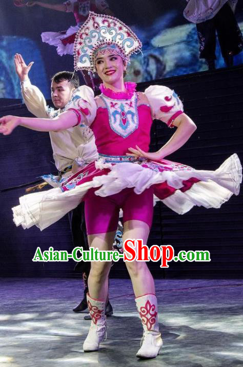 Chinese Silk Road Daur Nationality Dance Rosy Dress Ethnic Stage Performance Costume for Women