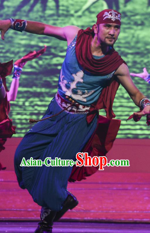 Chinese Silk Road Uyghur Nationality Dance Blue Clothing Ethnic Stage Performance Costume for Men