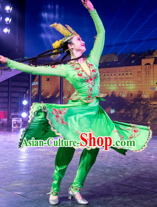 Chinese Silk Road Mongol Nationality Dance Green Dress Ethnic Stage Performance Costume for Women