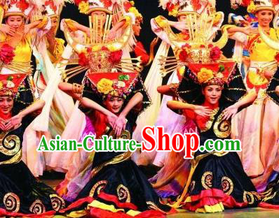 Chinese Lishui Jinsha Yi Nationality Dance Dress Ethnic Stage Performance Costume and Headpiece for Women