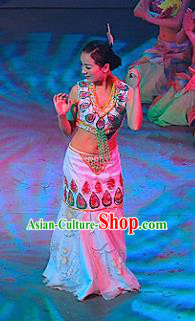 Chinese Lishui Jinsha Dai Nationality Peacock Dance White Dress Ethnic Stage Performance Costume and Headpiece for Women